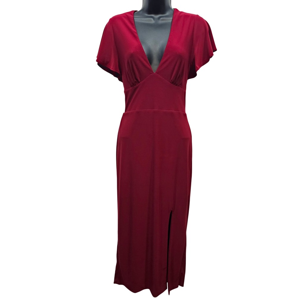 AYM Studio Burgundy Red Lace Up Back Plunge V-Neck Midi Dress Large